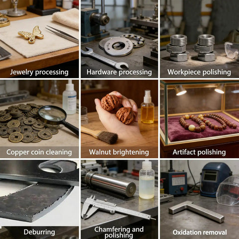 Collage of jewelry processing, hardware, workpiece polishing, walnut brightening, artifact polishing, deburring, chamfering, oxidation removal