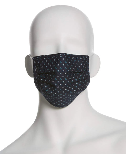 Black patterned mask on mannequin, part of Six Pack Reusable Pleated Cloth Face Masks With Assorted Prints And Colors, One Size, Cotton, Washable.
