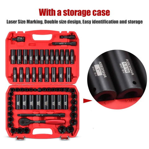 1/2 Inch Master Drive Impact Socket Set, 65-Piece 6-Point SAE and Metric Sockets in CR-V Steel With Adapters and Ratchet Handle