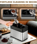 Automatic Portafilter Cleaner Machine Electric Espresso Knock Box For Chomping Coffee Pucks Fast With Durable Stainless Steel Finish For Real Deal At Home Baristas, shown in use removing coffee residue.