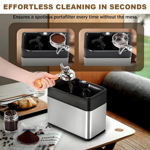 Automatic Portafilter Cleaner Machine Electric Espresso Knock Box For Chomping Coffee Pucks Fast With Durable Stainless Steel Finish For Real Deal At Home Baristas, shown in use removing coffee residue.
