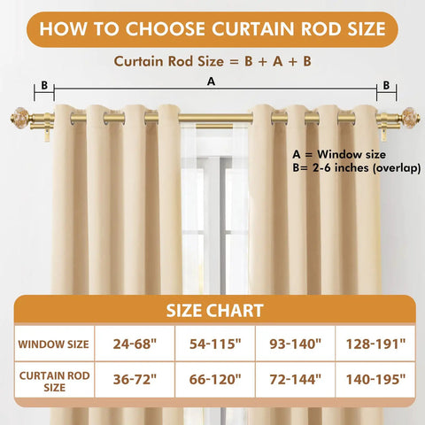 Gold 1 Inch Double Curtain Rod Set With Telescoping 72 To 144 Inch Range, Sparkling Foil Finials, size chart and measurement guide