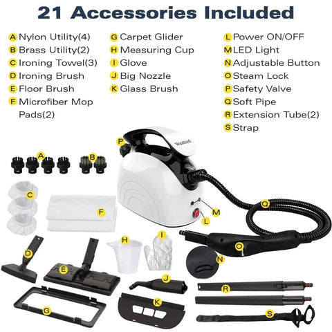 Waitbird 4.5 Bar Handheld Steam Cleaner, 275°F Professional with 21 accessories for versatile cleaning tasks.