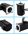 Nema23 stepper motor front view with silver shaft and black housing.
Nema23 stepper motor side view with mounting face and cables.
Nema23 stepper motor angled rear view showing cable entry and black body.
Nema23 stepper motor end view with silver shaft and faceplate.