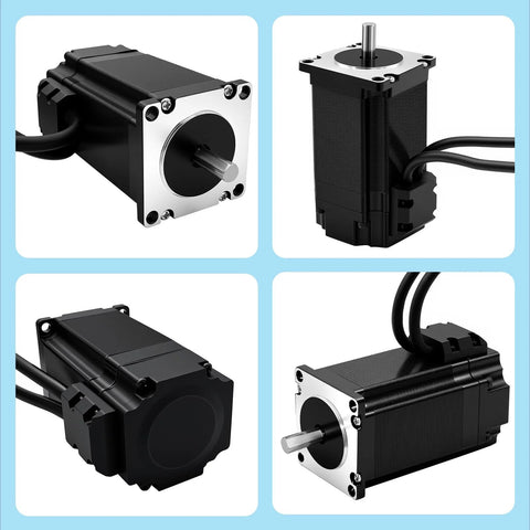 Nema23 stepper motor front view with silver shaft and black housing.
Nema23 stepper motor side view with mounting face and cables.
Nema23 stepper motor angled rear view showing cable entry and black body.
Nema23 stepper motor end view with silver shaft and faceplate.
