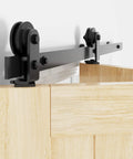 Heavy Duty Bifold Barn Door Hardware Kit 40 Inch Track System For Up To Two 19 Inch Panels Top Mount Sliding Kit Fits 36 Inch Opening Includes All Mounting Hardware Doors Not Included For Quick Install, close-up view of installed black metal track and rollers.