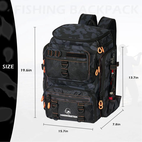 Fishing Backpack With Rod Holders And 42L Capacity, 900D Water-Resistant Oxford Tackle Bag, showing size and black camo design