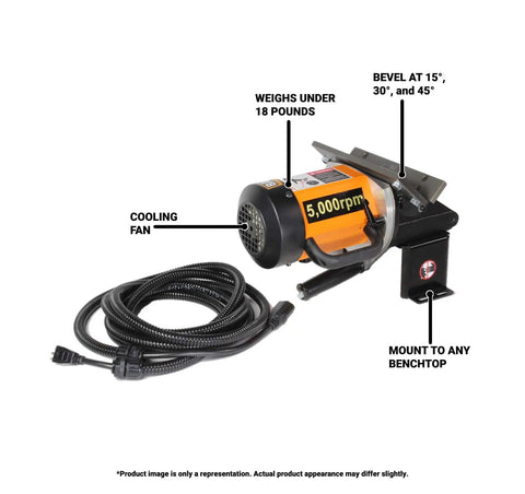Heavy Duty Portable Beveling Machine With 1 HP Brushless Motor 110 Volt Power showing cooling fan and flexible power cord.