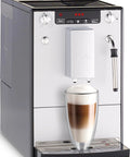 Game Changing Bean To Cup Automatic Coffee Maker With Creamy Frothed Milk And Slick Silver Black Design in action making cappuccino.