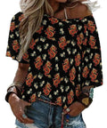 Loose Short Sleeve Boat Neck T Shirt With Floral Dragon Print, Soft Comfortable Lightweight Polyester Spandex Blend, worn casually