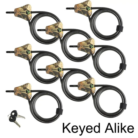 Eight Keyed Alike Python Cable Locks in Camouflage, 6 ft adjustable cables with locking heads and 16 keys for trail cams.