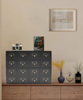 Keep Your Desk Looking Crisp And Ready To Roll With This Solid Wood Apothecary Cabinet Featuring 16 Roomy Drawers And Brass Handles Perfect For Tossing Herbs Tea Bags Cables And Daily Carry Gear, displayed in a chic room setting.