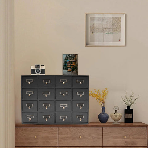 Keep Your Desk Looking Crisp And Ready To Roll With This Solid Wood Apothecary Cabinet Featuring 16 Roomy Drawers And Brass Handles Perfect For Tossing Herbs Tea Bags Cables And Daily Carry Gear, displayed in a chic room setting.