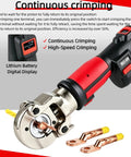 6 Ton Electric Hydraulic Crimping Tool Rechargeable Cordless Terminal Pliers For 8AWG To 600MCM Cable Lugs Crimper with visible digital display.