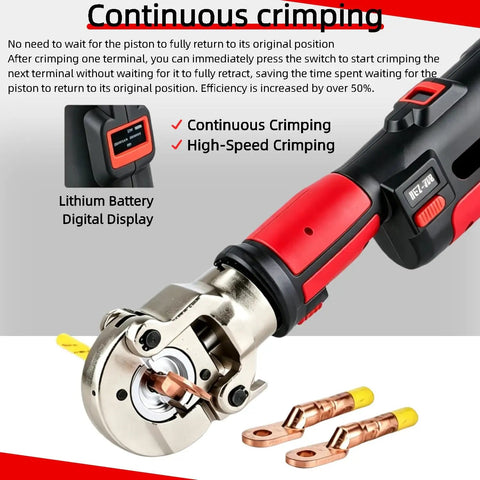 6 Ton Electric Hydraulic Crimping Tool Rechargeable Cordless Terminal Pliers For 8AWG To 600MCM Cable Lugs Crimper with visible digital display.
