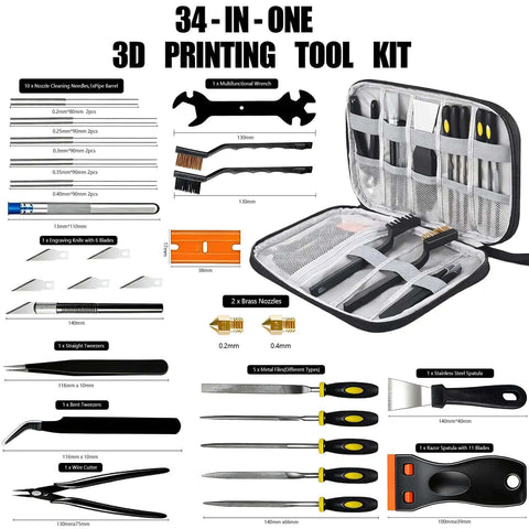 43-Piece Pro 3D Printer Tools Kit With Grab-And-Go All-In-One Maintenance And Cleaning Set displayed with tools and case