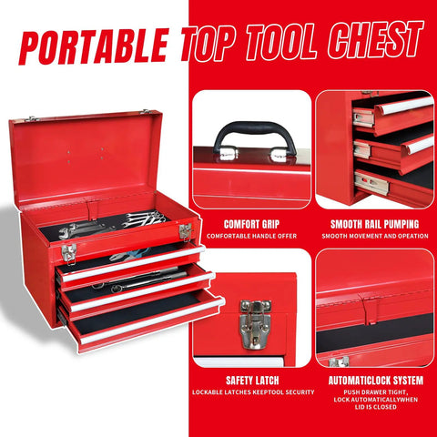 Rolling Garage Tool Organizer With Detachable 3 Drawer Chest and smooth rail drawers, red steel portable tool box