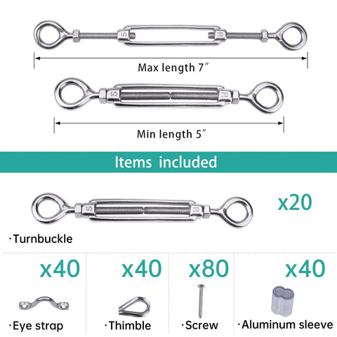 20 Piece 1/8 Inch Cable Railing Hardware Kit Beefy Turnbuckles M5 Eye To Eye For Wood Posts T304 Stainless Steel contents