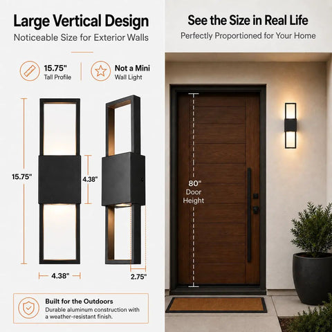 Modern Outdoor Wall Sconce 2 Pack, Up Down LED Light, 3000K, Hardwired displayed next to a door for size reference.