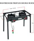 High Pressure Double Propane Burner Outdoor Camping Stove With 0-20 PSI Adjustable Regulator And Steel Braided Hose, 110000 BTU Total, Two Burner Portable Grill For Grilling, Frying, Boiling And More, dimensions visible