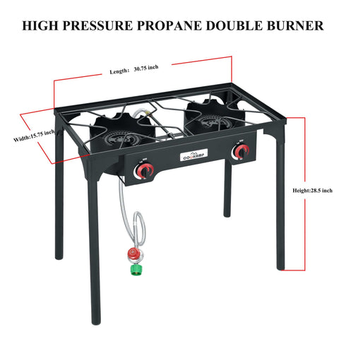High Pressure Double Propane Burner Outdoor Camping Stove With 0-20 PSI Adjustable Regulator And Steel Braided Hose, 110000 BTU Total, Two Burner Portable Grill For Grilling, Frying, Boiling And More, dimensions visible
