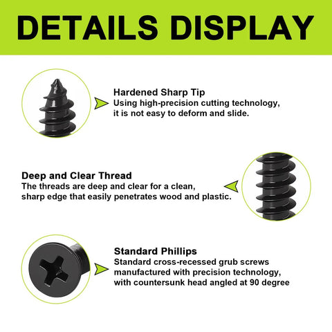 620 Pcs M3 Wood Screws Kit With Phillips Flat Head Four Size Assortment 6 8 10 12 mm Heavy Duty Black AntiCorrosion Coated details view