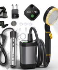 Handheld Camping Shower With Quick Immersion Heating And 6000mAh Rechargeable Grip featuring shower head, submersible pump, and digital display.