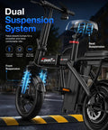 Foldable 1200W Electric Bike With Dual Suspension, 25 MPH Top Speed, 45 Mile Pedal Assist Range, 14 Inch Tires, 3 Speed Modes, Commuter Ebike For Adults And Teens, Dope City Cruiser For Everyday Rides showing front and seat suspension