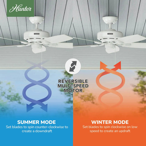 48 Inch Damp Rated Ceiling Fan No Light With 5 Blades White Finish Standard Mount Pull Chain Indoor Outdoor Use For Patio Porch Garage Living Room Sweet For Covered Outdoor Spaces showing summer and winter mode settings with reversible motor.
