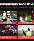 4 Pack 21 Inch LED Traffic Wands With Two Flashing Modes used for directing cars, parking guide, fire department, and air traffic control.