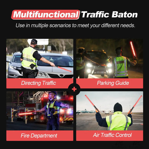 4 Pack 21 Inch LED Traffic Wands With Two Flashing Modes used for directing cars, parking guide, fire department, and air traffic control.
