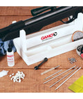 All In One 177 Caliber Air Rifle and Pistol Cleaning Kit With Collapsible Stand, airgun oil, rods, and pellets on display