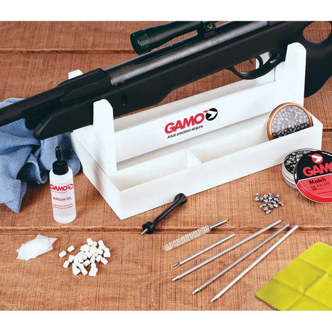 All In One 177 Caliber Air Rifle and Pistol Cleaning Kit With Collapsible Stand, airgun oil, rods, and pellets on display