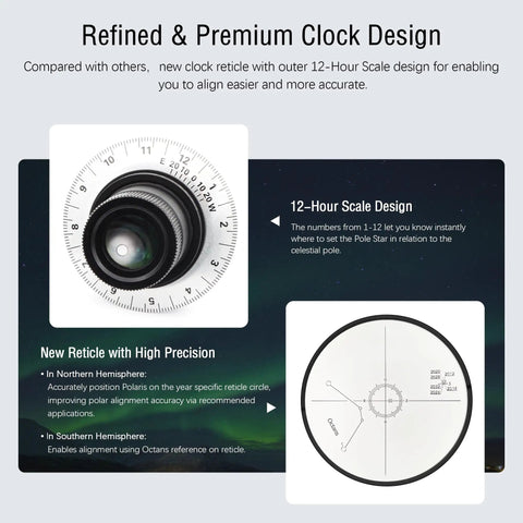 No Fuss Polar Alignment Scope For EQ3 Telescope Mount with 12-hour scale and high precision reticle for easy celestial tracking.
