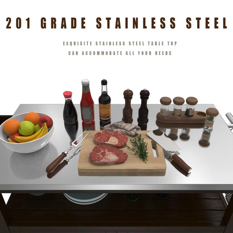 Outdoor Wood Grill Prep Table With Stainless Steel Top Waterproof Cover Dark Brown Finish showcasing food prep items on table