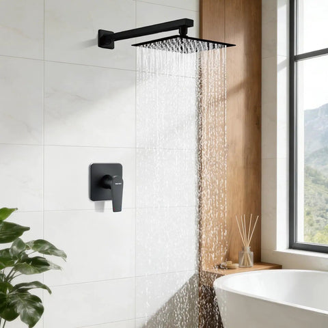 Heavy Duty Eight Inch Rain Shower Head And Matte Black Faucet Set Crafted From Solid Brass And Tough 304 Stainless Steel For A Smooth Non Clog Bathroom Setup That Runs Clean And Looks Fresh Every Day