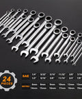 24 Piece Ratchet Wrench Set With 72-Tooth Ratcheting Wrenches, Metric And SAE Sizes, shown in steel with size chart.