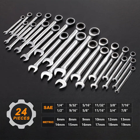 24 Piece Ratchet Wrench Set With 72-Tooth Ratcheting Wrenches, Metric And SAE Sizes, shown in steel with size chart.