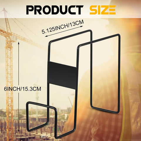 Two Pack Steel Hard Hat Rack For Trucks Over The Seat dimensions with black coated steel design, shown against construction site.