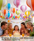 Family celebrating with 12 Inch Hanging Hot Air Balloon Paper Lanterns Set Of 6 For Birthday Parties Weddings Christmas Decor