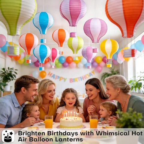 Family celebrating with 12 Inch Hanging Hot Air Balloon Paper Lanterns Set Of 6 For Birthday Parties Weddings Christmas Decor