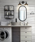 Black Two Light Vanity Wall Sconce For Farmhouse Bathrooms And Over Mirror Lighting in rustic bathroom setting
