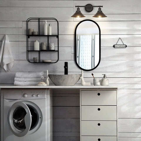 Black Two Light Vanity Wall Sconce For Farmhouse Bathrooms And Over Mirror Lighting in rustic bathroom setting