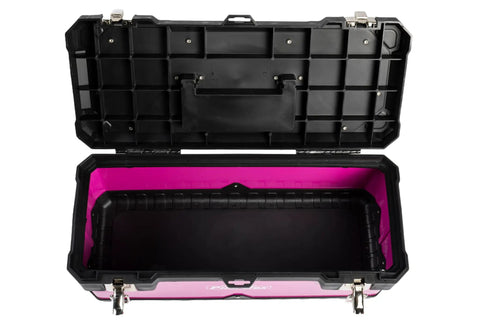 Open pink 20 Inch Portable Steel Toolbox with Removable Organizer Tray, Metal Latches, Easy Carry Handle, Padlock Hasp, Powder Coated Steel