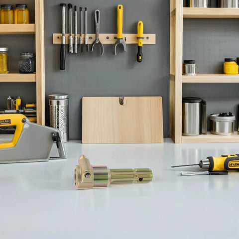 Heavy Duty PTO Shaft Extender Adapter With 1 3/8 Inch 6 Spline Design on workbench with tools and shelves.