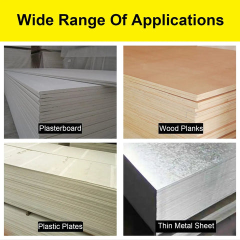 Wide range of applications showcasing plasterboard, wood planks, plastic plates, and thin metal sheet for versatile uses.
