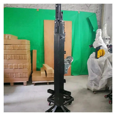 Heavy Duty Truss Tower Lift Six Meter Portable Mast With T Bar, black aluminum tower in storage area, suitable for high altitude use.
