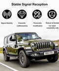 Green Jeep on road depicting stable signal reception with symbols for signal stability and craftsmanship, 50 Cal Bullet Antenna With American Flag Finish For Ford F150 F250 F350 Super Duty Ford Raptor Bronco Trucks Anti Theft Technology Replacement Accessory And Black Tire Stem Caps features.