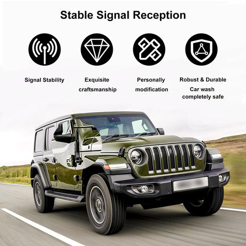 Green Jeep on road depicting stable signal reception with symbols for signal stability and craftsmanship, 50 Cal Bullet Antenna With American Flag Finish For Ford F150 F250 F350 Super Duty Ford Raptor Bronco Trucks Anti Theft Technology Replacement Accessory And Black Tire Stem Caps features.