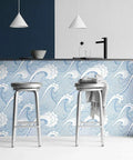 Peel And Stick Ocean Wave Wall Mural Hand Painted Blue And White Seamless Design Self Adhesive Prepasted Wallpaper in kitchen setup